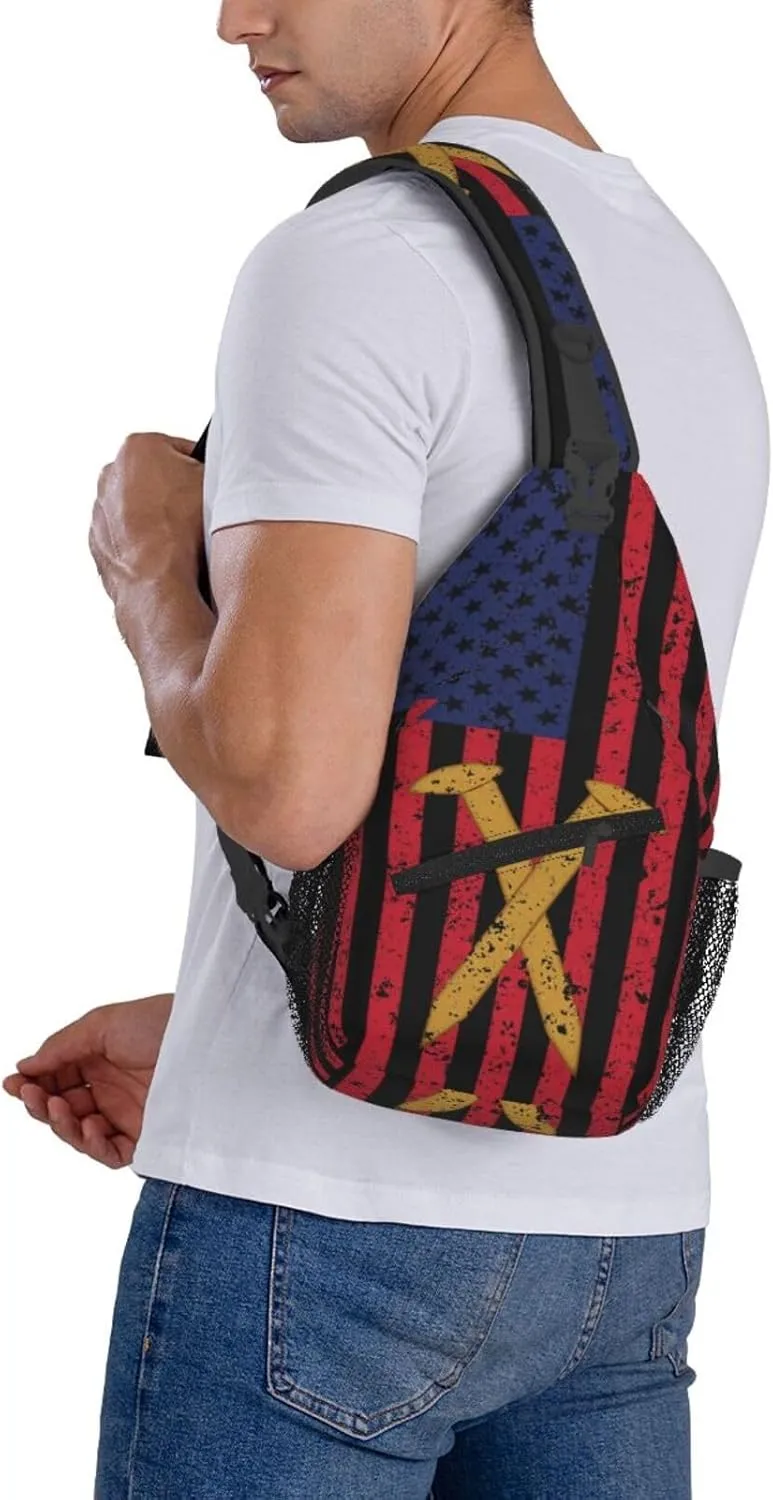 Golden Spike Railroad Spike American Flag Crossbody Sling Bag Chest Bags Casual Shoulder Backpack Sport Fanny Pack Gym Diagonally Daypack with Adjustable Strap for Running