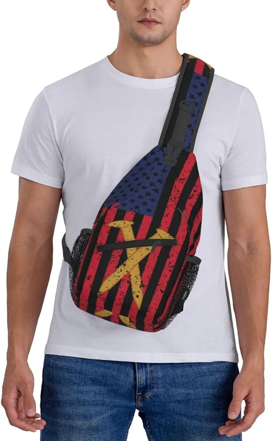 Golden Spike Railroad Spike American Flag Crossbody Sling Bag Chest Bags Casual Shoulder Backpack Sport Fanny Pack Gym Diagonally Daypack with Adjustable Strap for Running