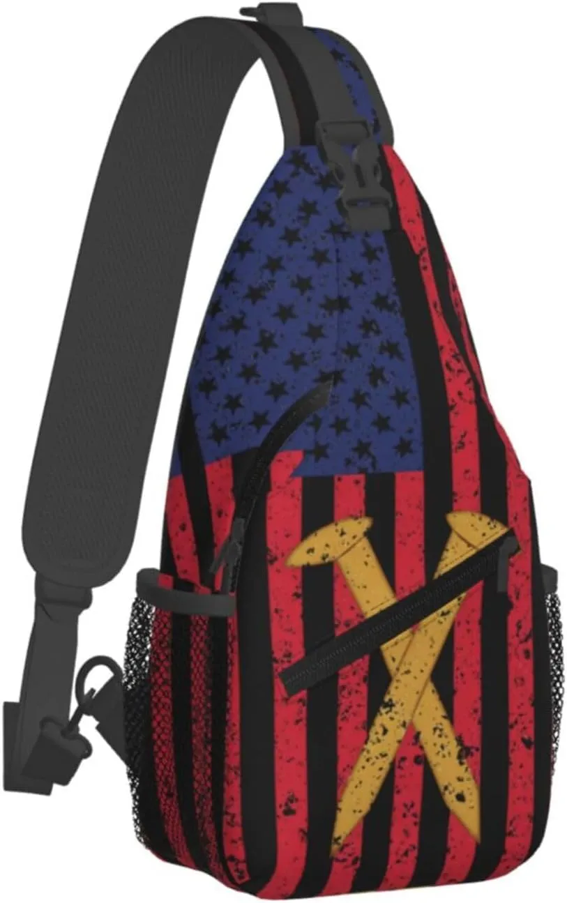 Golden Spike Railroad Spike American Flag Crossbody Sling Bag Chest Bags Casual Shoulder Backpack Sport Fanny Pack Gym Diagonally Daypack with Adjustable Strap for Running