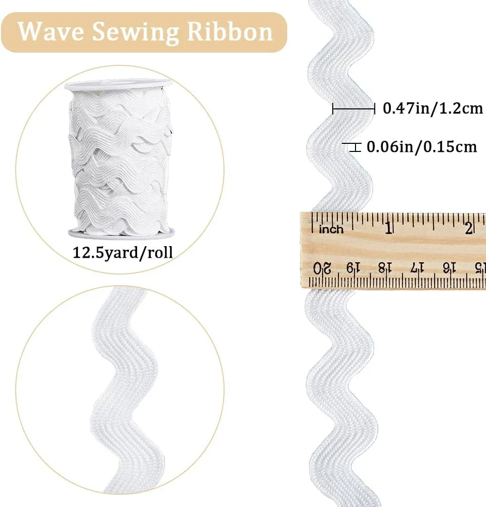 GORGECRAFT 1 Roll 1/2 inch(12mm) White RIC Rac Trim Ribbon 12.5 Yards Rick Rack Wave Sewing Bending Fringe Trim Braided Woven Fabric for Sewing Flower Making Wedding Dress Party Lace Ribbon Craft