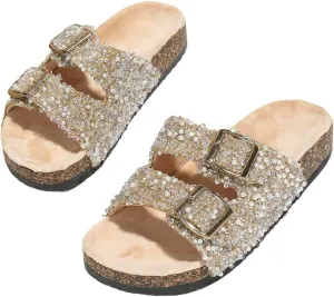 GORGLITTER Women's Leopard Y2k Pearls Glitter Embellished Slippers Open Toe Double Band Flat Sandals