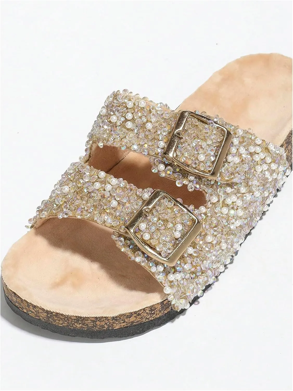 GORGLITTER Women's Leopard Y2k Pearls Glitter Embellished Slippers Open Toe Double Band Flat Sandals