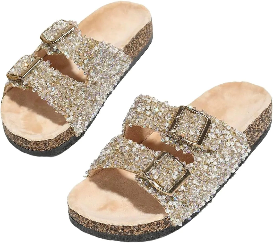 GORGLITTER Women's Leopard Y2k Pearls Glitter Embellished Slippers Open Toe Double Band Flat Sandals