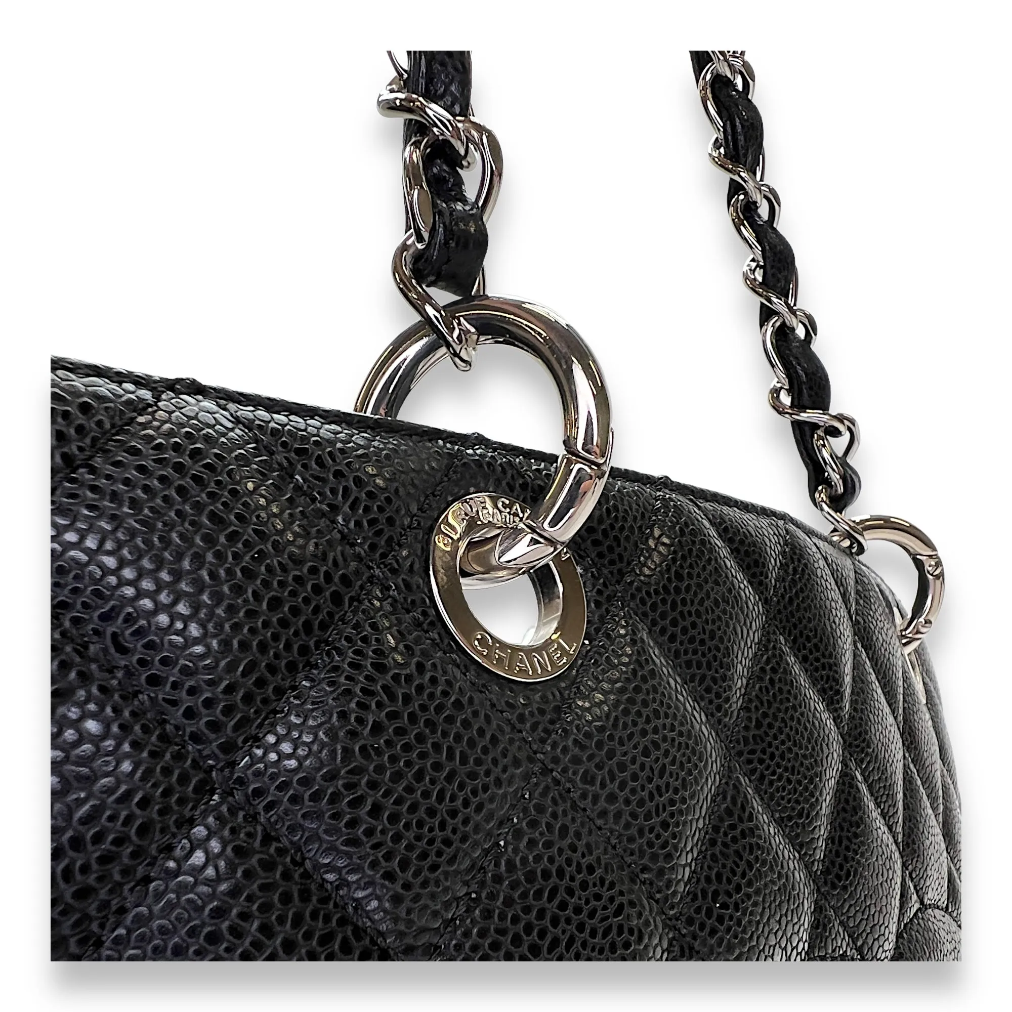 GST Black Shoulder Bag in Caviar Leather, Silver hardware
