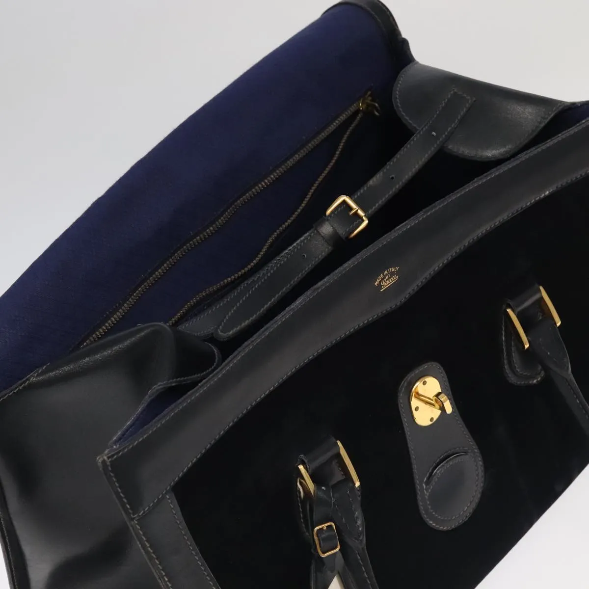 GUCCI Boston Bag Leather Suede Navy ep6503