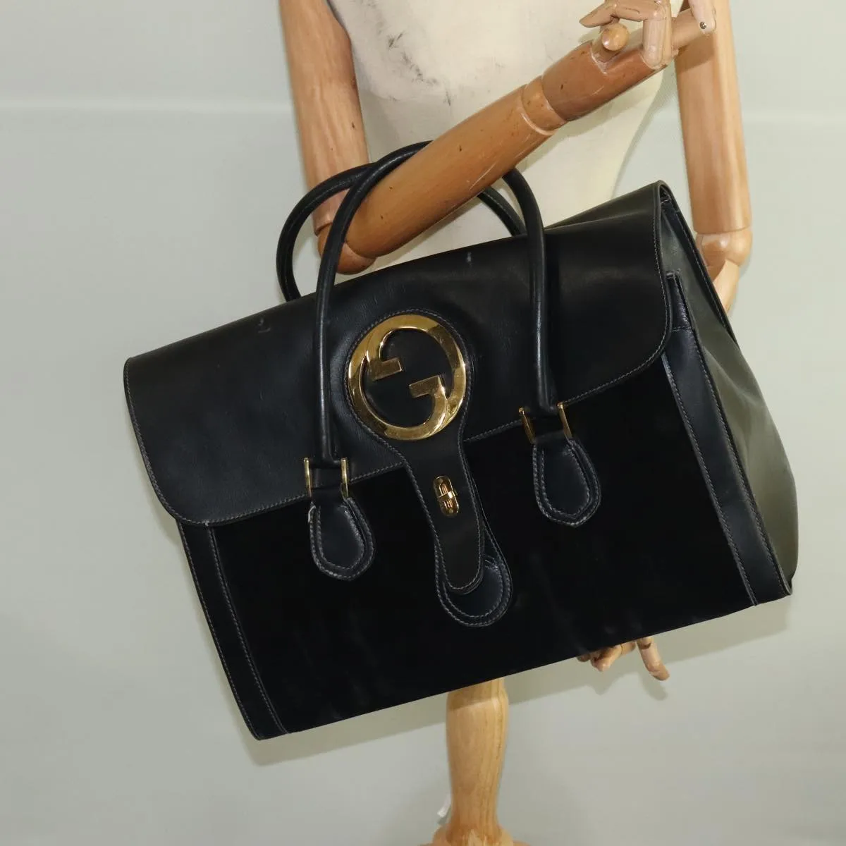 GUCCI Boston Bag Leather Suede Navy ep6503