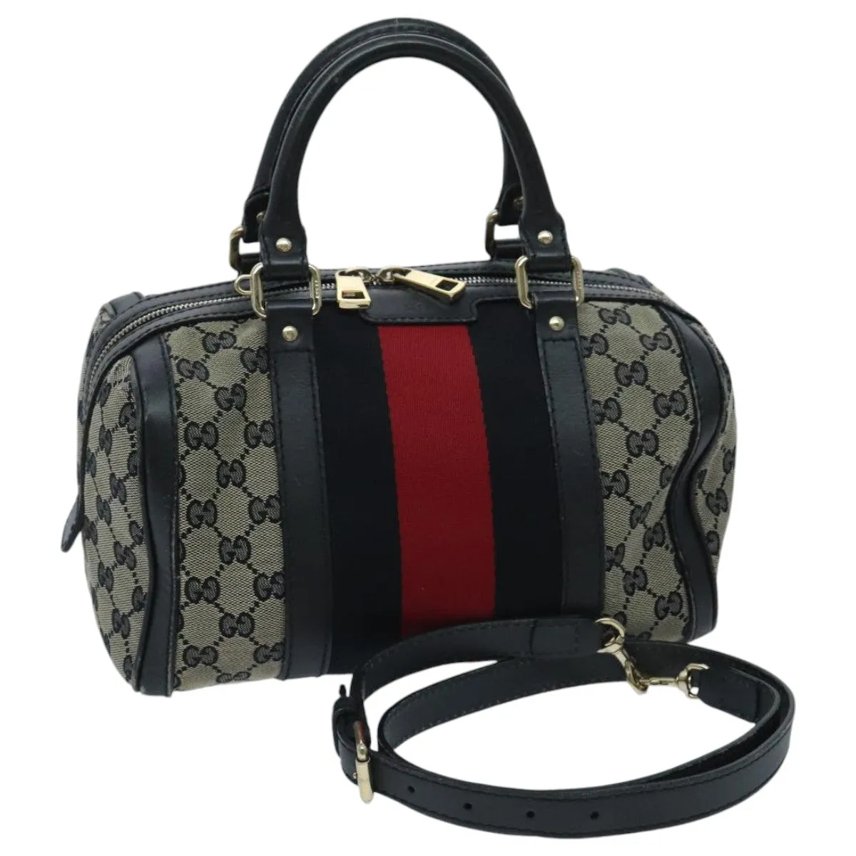 GUCCI GG Canvas Boston Bag 2way Beige Navy Silver 269876 ep6128