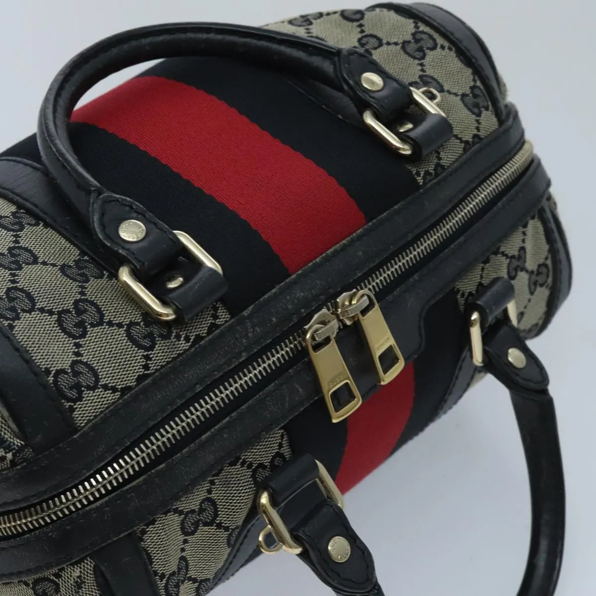 GUCCI GG Canvas Boston Bag 2way Beige Navy Silver 269876 ep6128