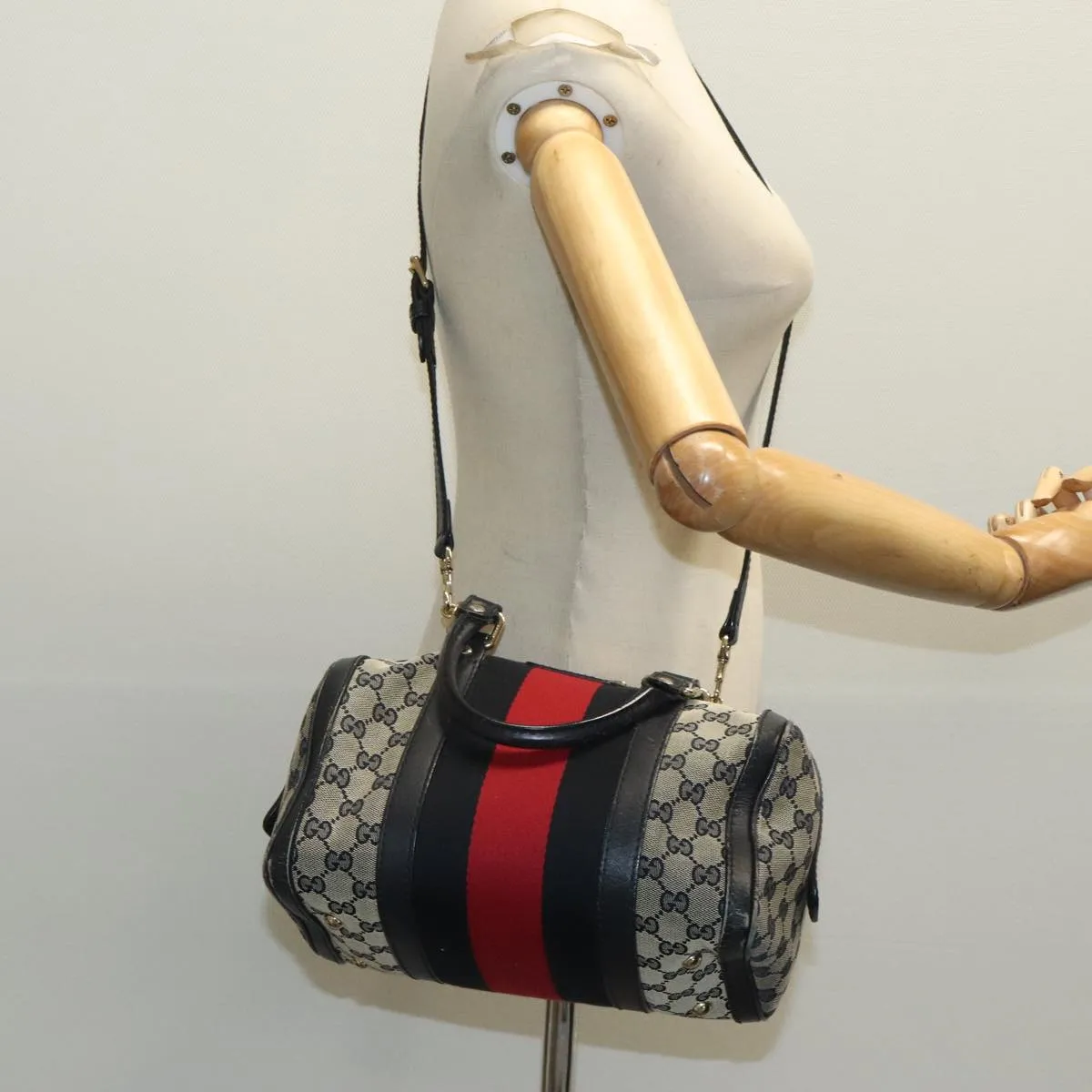 GUCCI GG Canvas Boston Bag 2way Beige Navy Silver 269876 ep6128