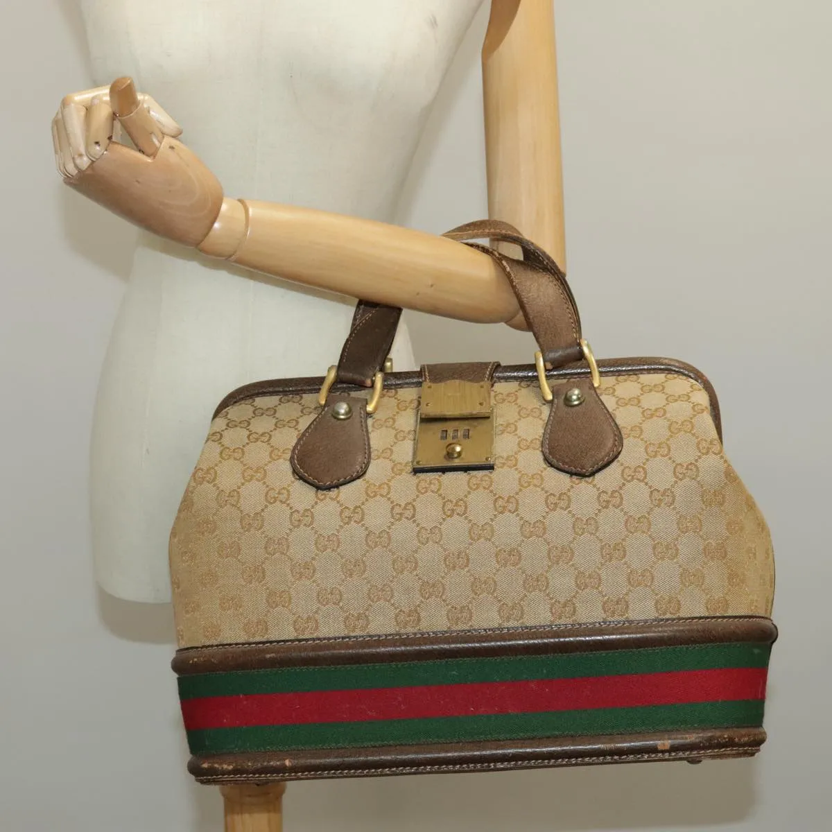GUCCI GG Canvas Boston Bag Beige Green Red 96615