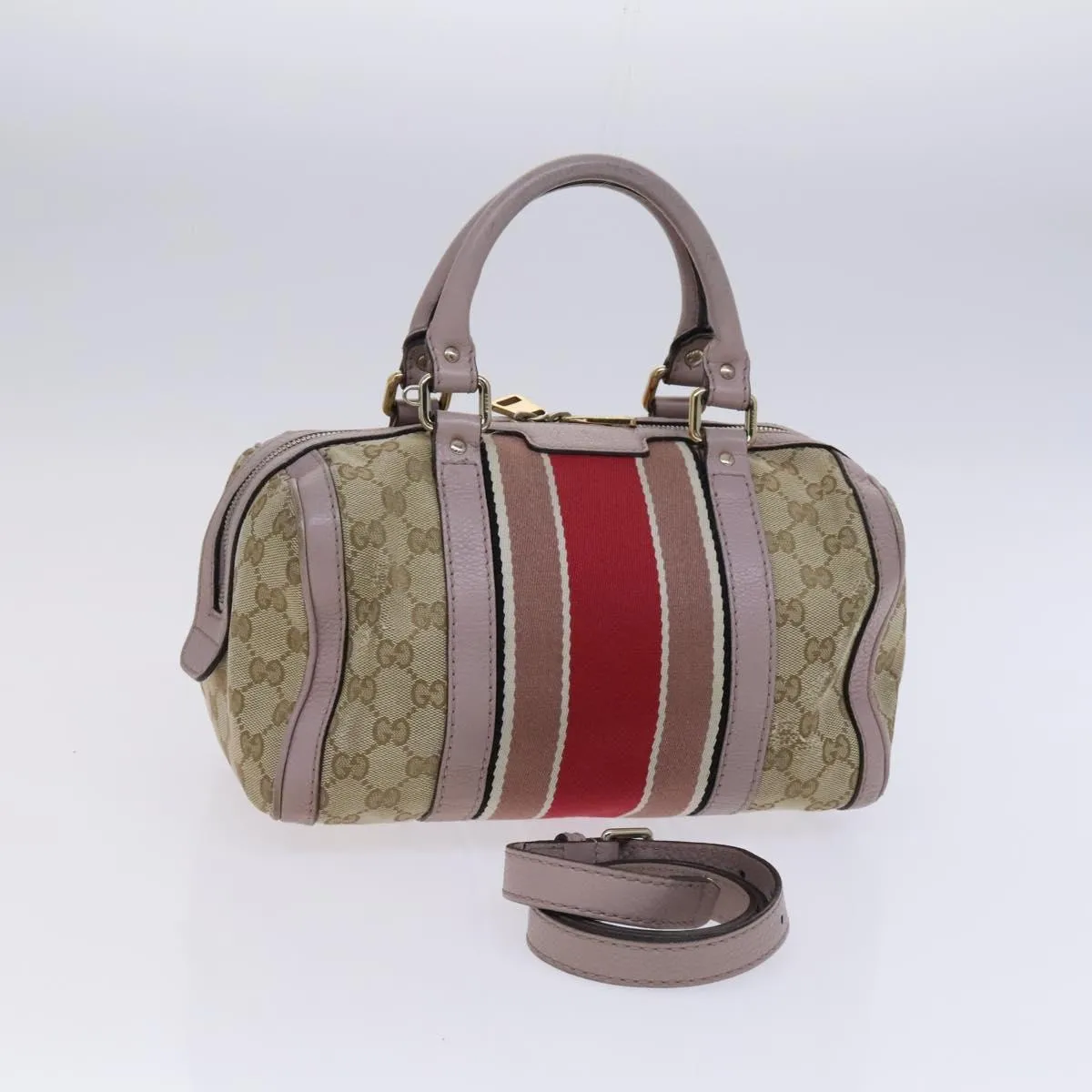 GUCCI GG Canvas Sherry Line Boston Bag 2way Beige Pink Red 269876 Auth EC526