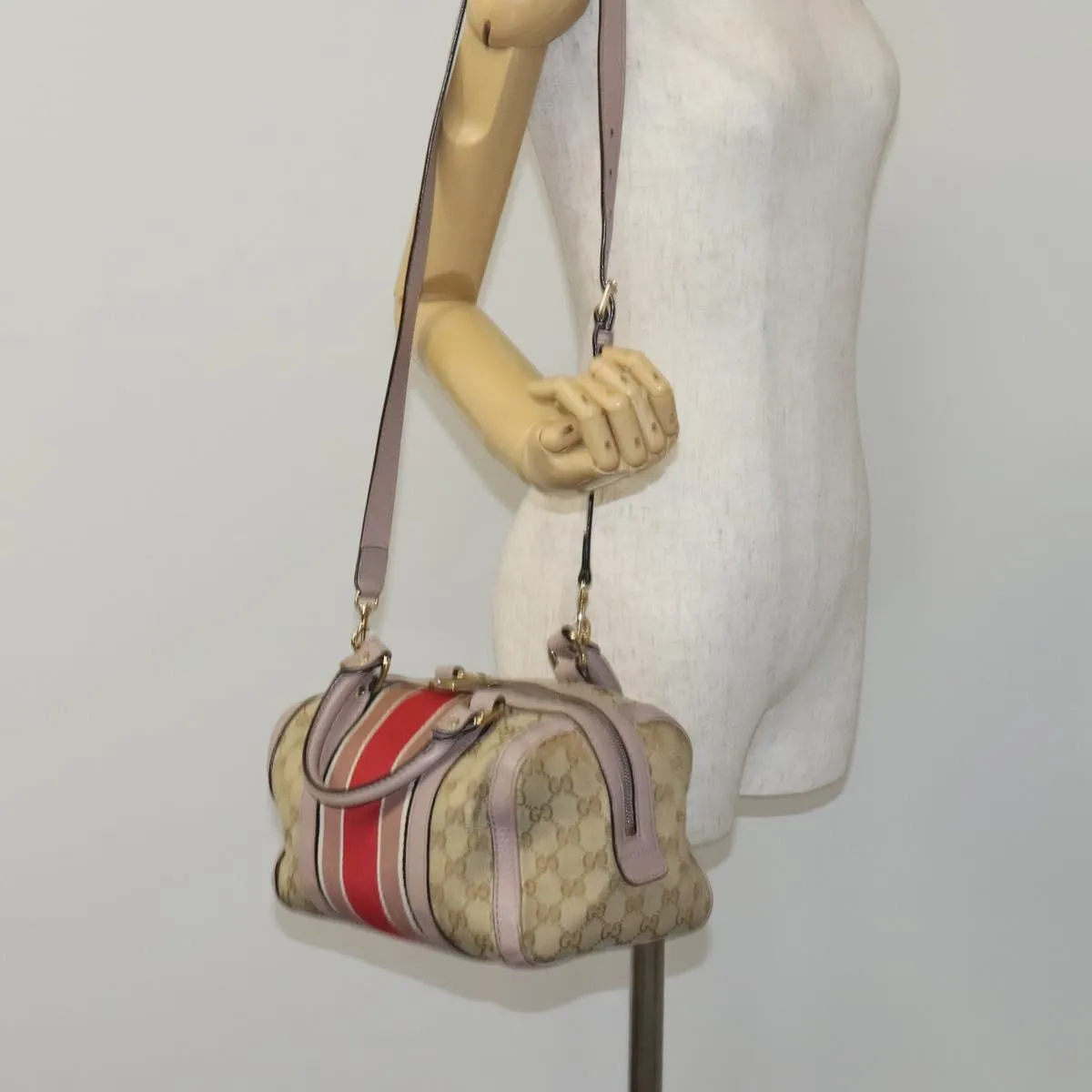GUCCI GG Canvas Sherry Line Boston Bag 2way Beige Pink Red 269876 Auth EC526