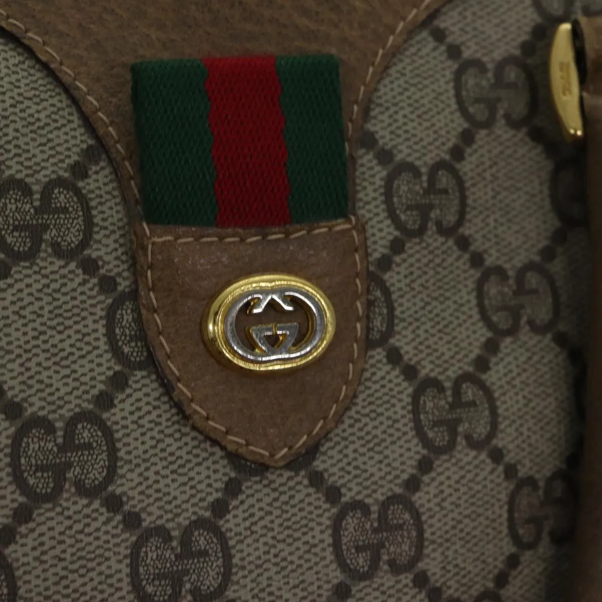 GUCCI GG Canvas Web Sherry Line Boston Bag PVC Beige Red Green ki4901