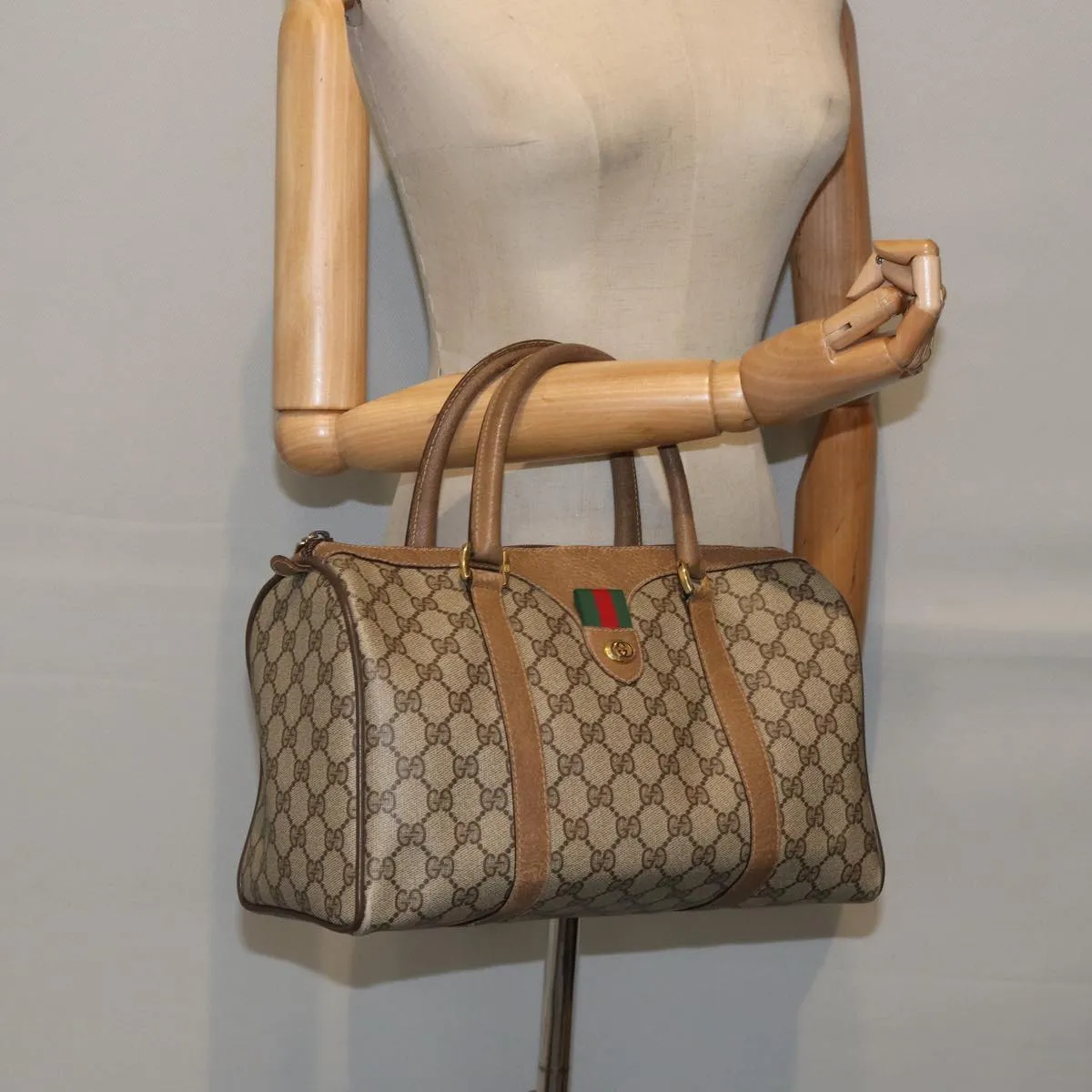 GUCCI GG Canvas Web Sherry Line Boston Bag PVC Beige Red Green ki4901