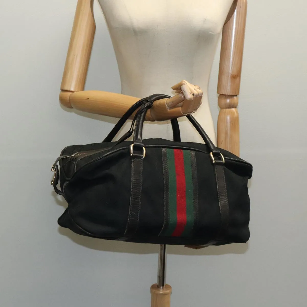 GUCCI GG Canvas Web Sherry Line Boston Bag Red Black Green 96610