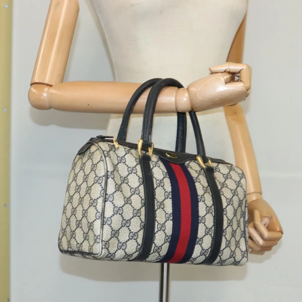 GUCCI GG Supreme Sherry Line Boston Bag PVC Navy Red 012 3841 28 39 97208