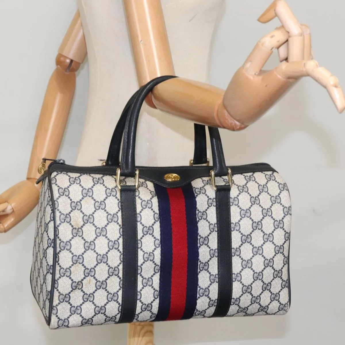 GUCCI GG Supreme Sherry Line Boston Bag PVC Navy Red 40 3842 ep6731