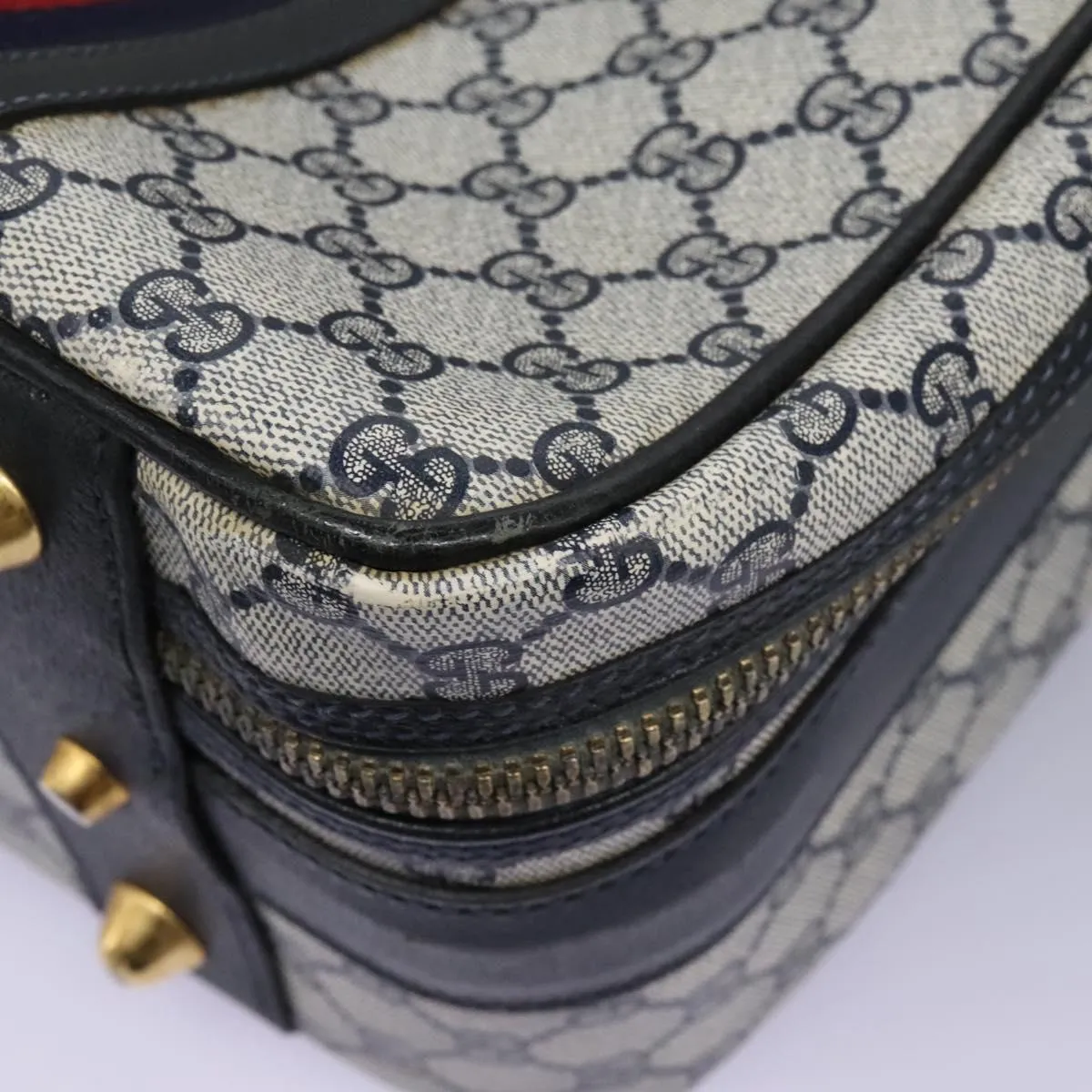 GUCCI GG Supreme Sherry Line Travel Case Boston Bag PVC Navy Red Auth fm4433