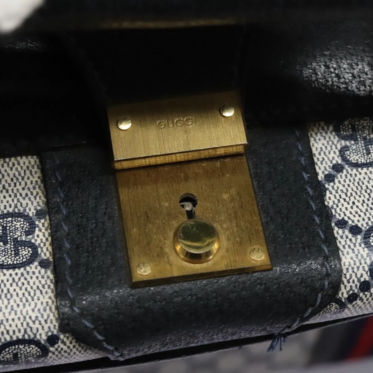 GUCCI GG Supreme Sherry Line Travel Case Boston Bag PVC Navy Red Auth fm4433