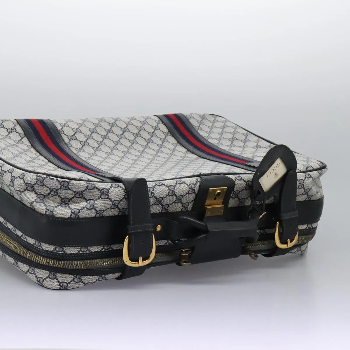 GUCCI GG Supreme Sherry Line Travel Case Boston Bag PVC Navy Red Auth fm4433