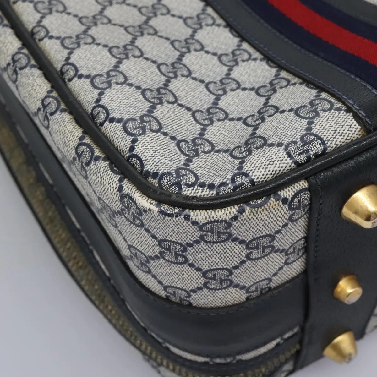 GUCCI GG Supreme Sherry Line Travel Case Boston Bag PVC Navy Red Auth fm4433