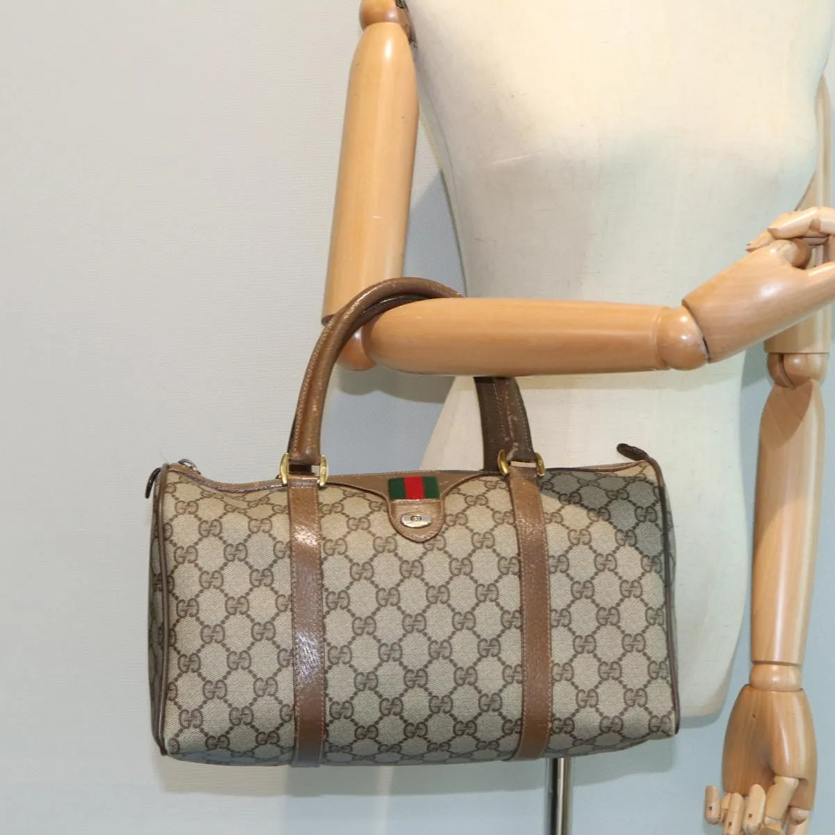 GUCCI GG Supreme Web Sherry Line Boston Bag PVC Beige 39 02 007 yk13664