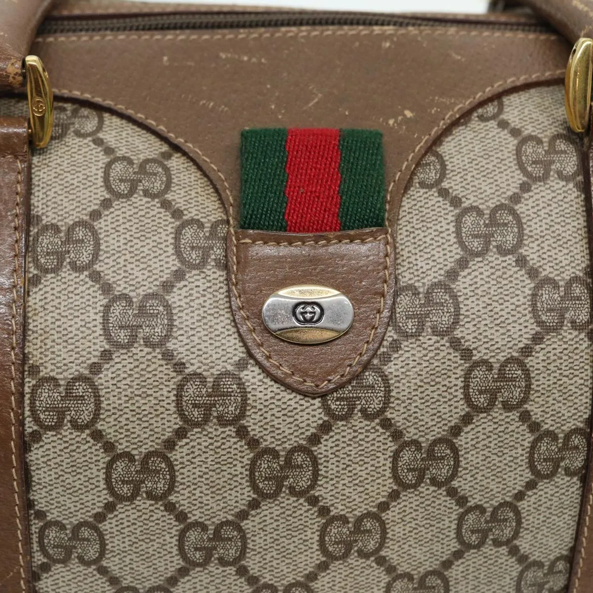 GUCCI GG Supreme Web Sherry Line Boston Bag PVC Beige 39 02 007 yk13664