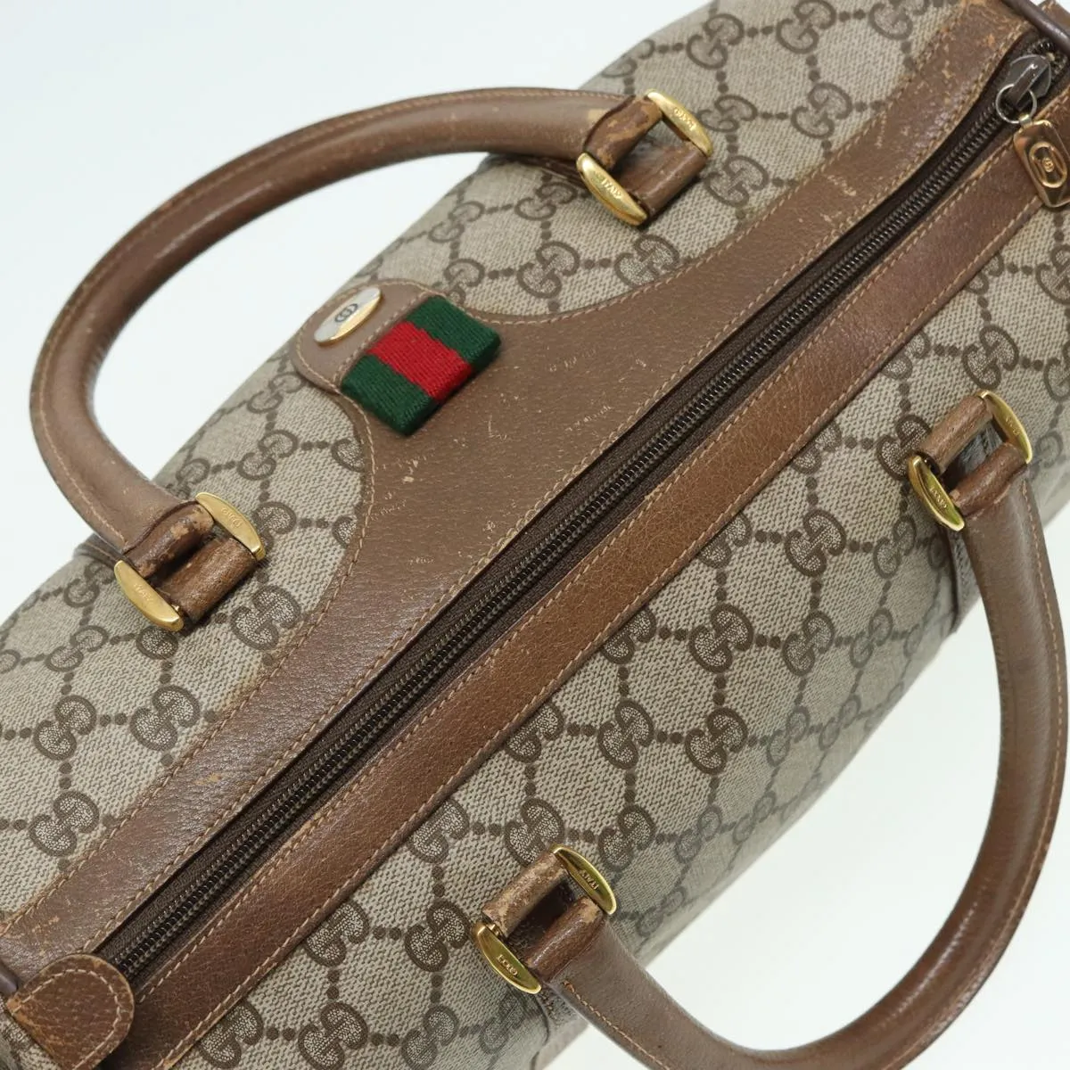 GUCCI GG Supreme Web Sherry Line Boston Bag PVC Beige 39 02 007 yk13664