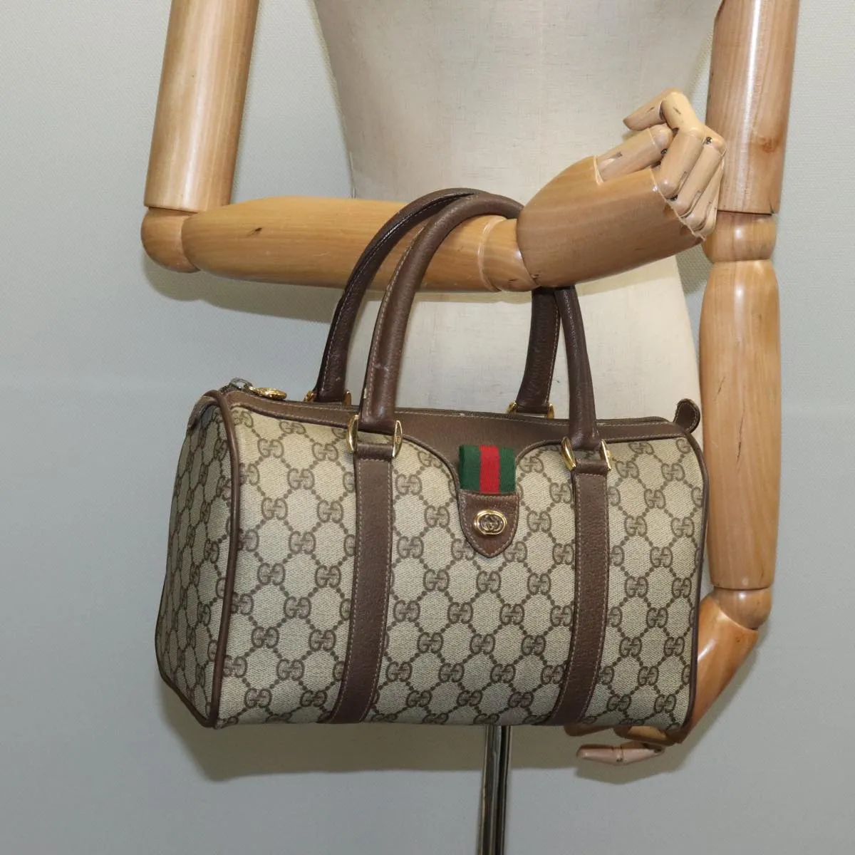 GUCCI GG Supreme Web Sherry Line Boston Bag PVC Beige Gold 39 02 006 95301
