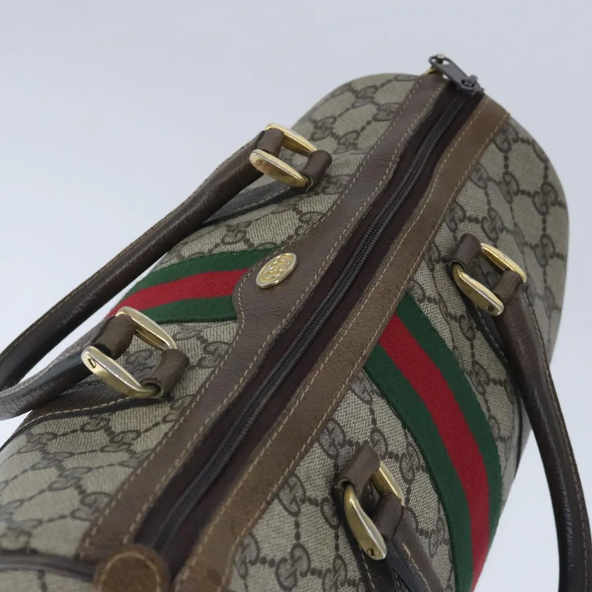 GUCCI GG Supreme Web Sherry Line Boston Bag PVC Beige Green Red ep6734