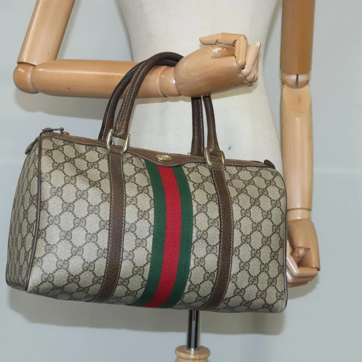 GUCCI GG Supreme Web Sherry Line Boston Bag PVC Beige Green Red ep6734