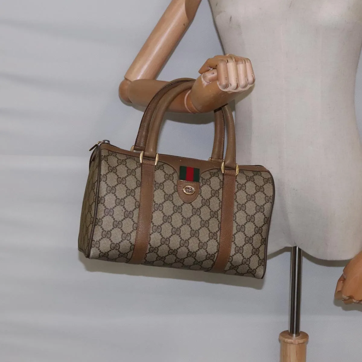 GUCCI GG Supreme Web Sherry Line Boston Bag PVC Beige Red 116 02 006 94986