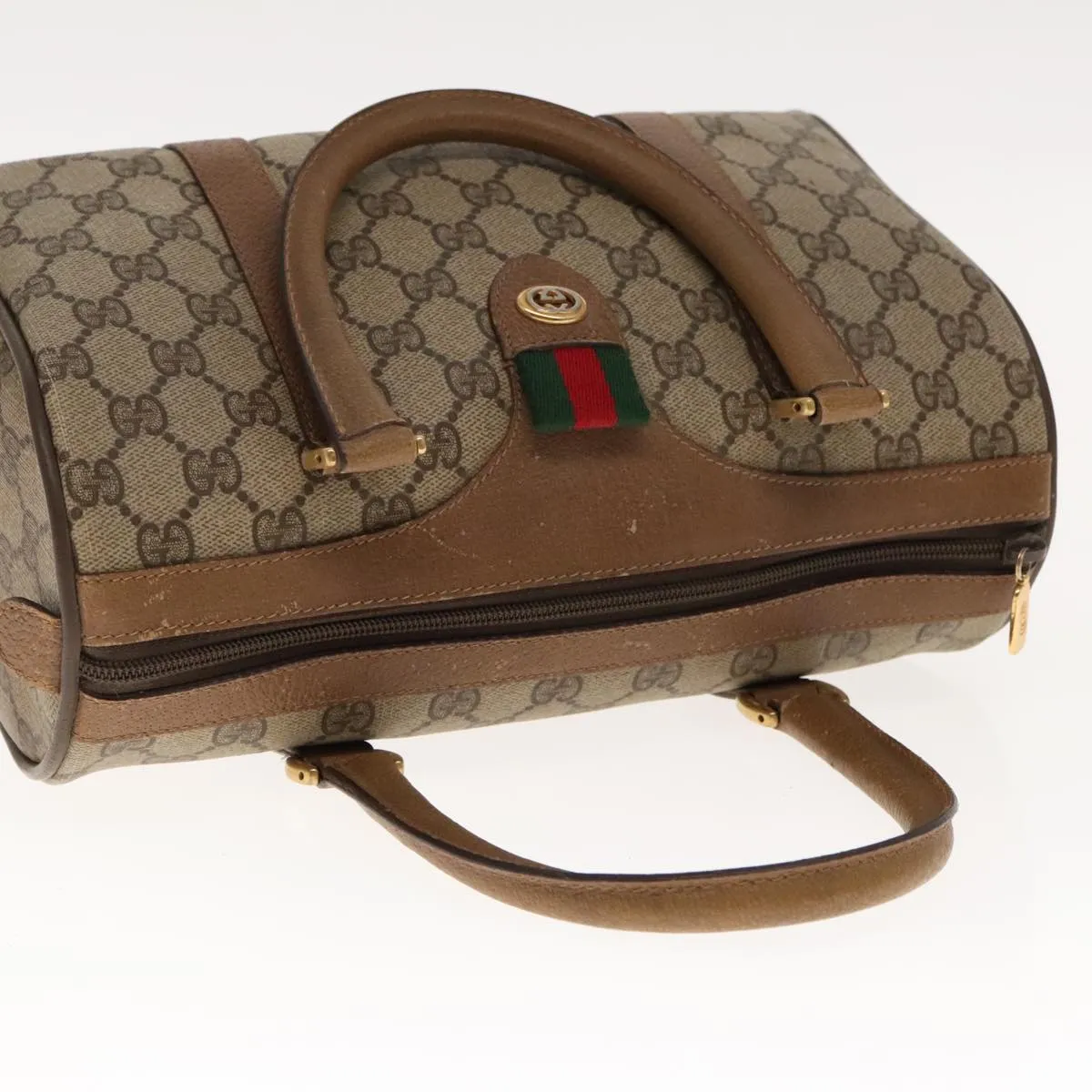 GUCCI GG Supreme Web Sherry Line Boston Bag PVC Beige Red 116 02 006 94986