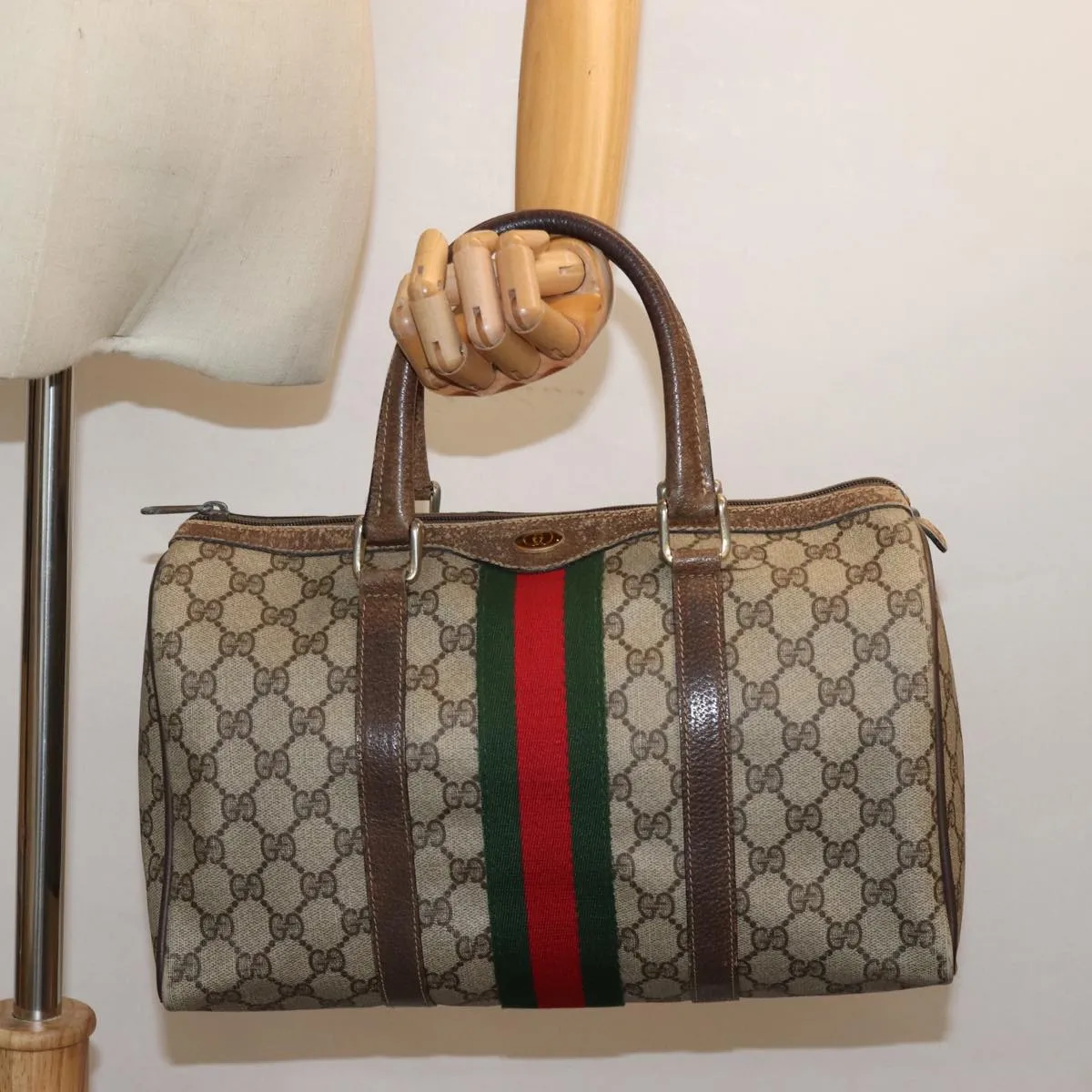 GUCCI GG Supreme Web Sherry Line Boston Bag PVC Beige Red 40 02 007 79749