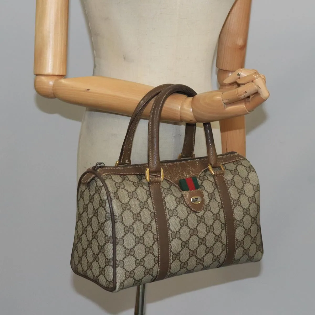 GUCCI GG Supreme Web Sherry Line Boston Bag PVC Beige Red 58 02 006 101466