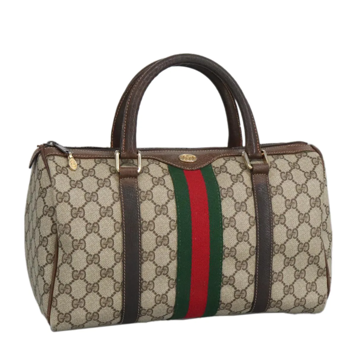 GUCCI GG Supreme Web Sherry Line Boston Bag PVC Beige Red Green mr633
