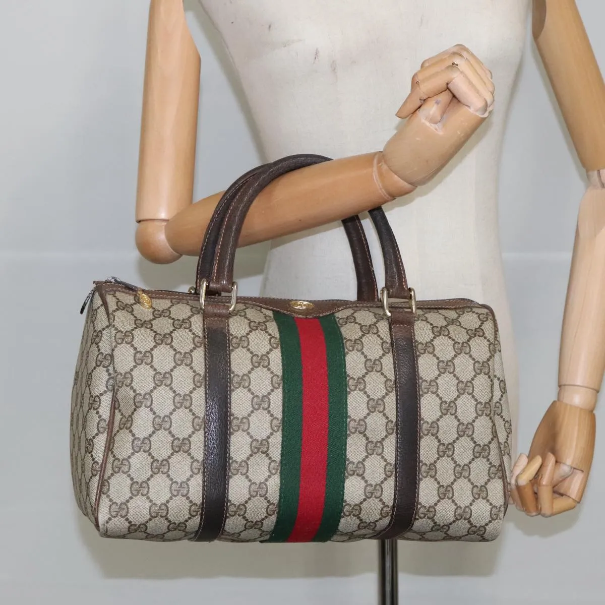 GUCCI GG Supreme Web Sherry Line Boston Bag PVC Beige Red Green mr633