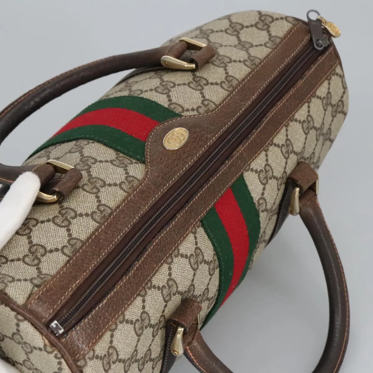 GUCCI GG Supreme Web Sherry Line Boston Bag PVC Beige Red Green mr633
