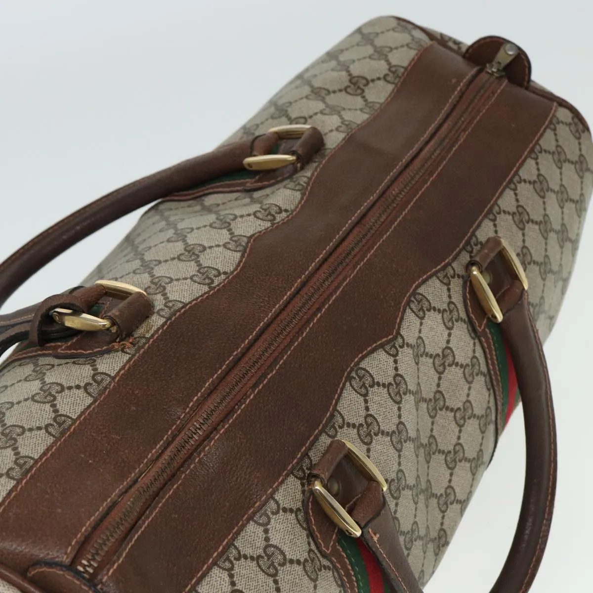GUCCI GG Supreme Web Sherry Line Boston Bag PVC Leather Beige Red mr334