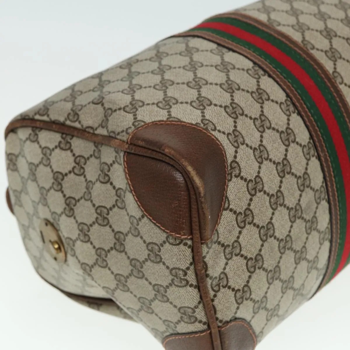 GUCCI GG Supreme Web Sherry Line Boston Bag PVC Leather Beige Red mr334