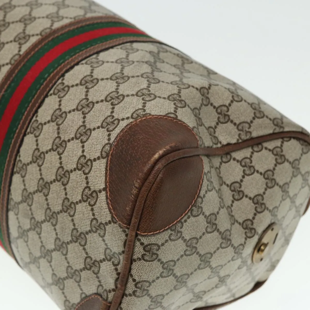 GUCCI GG Supreme Web Sherry Line Boston Bag PVC Leather Beige Red mr334