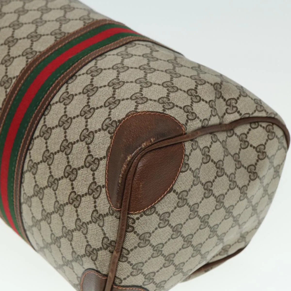 GUCCI GG Supreme Web Sherry Line Boston Bag PVC Leather Beige Red mr334