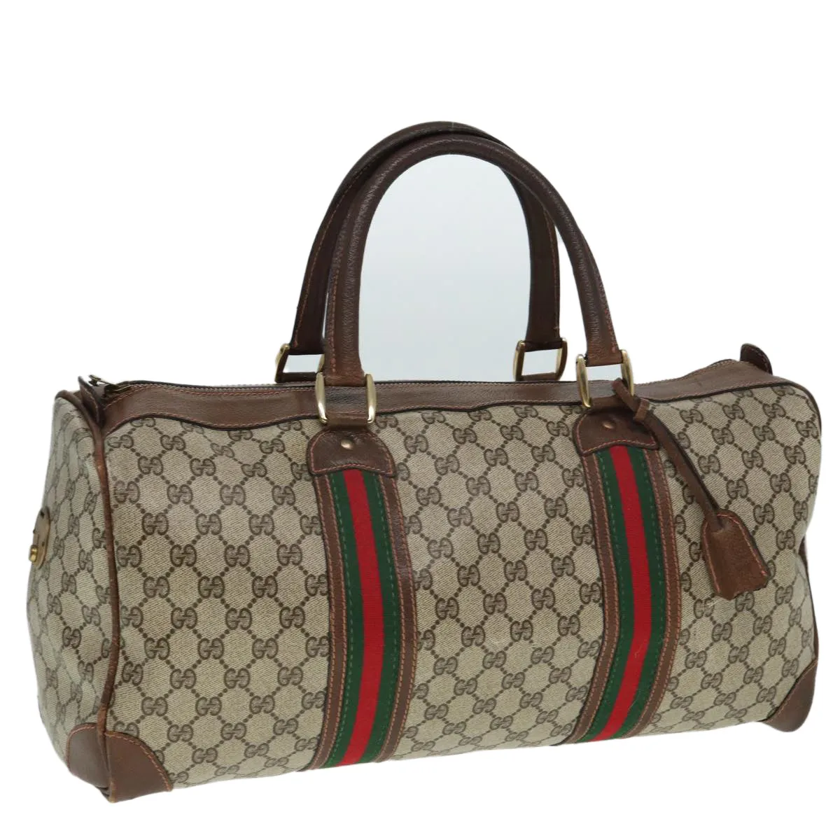 GUCCI GG Supreme Web Sherry Line Boston Bag PVC Leather Beige Red mr334