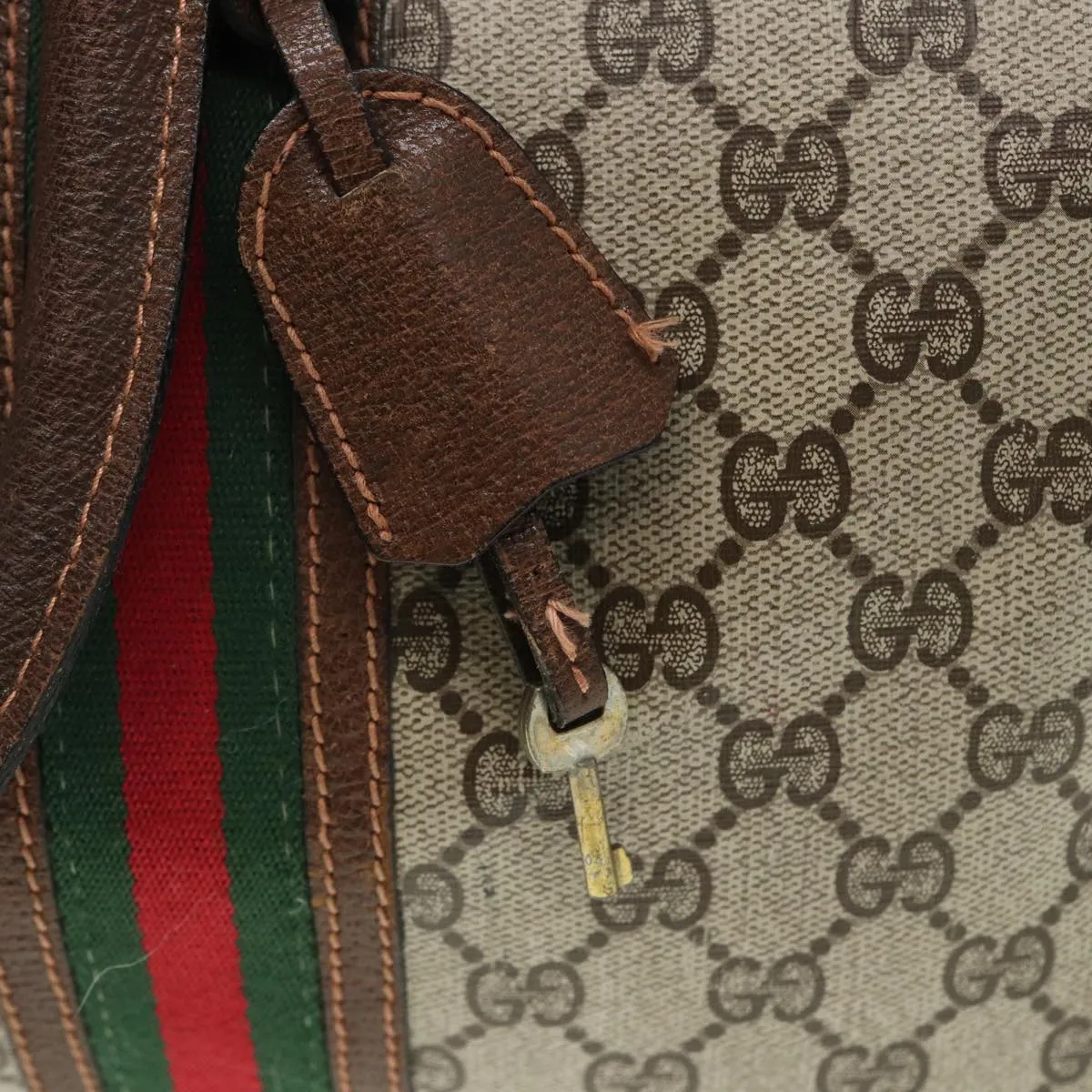 GUCCI GG Supreme Web Sherry Line Boston Bag PVC Leather Beige Red mr334