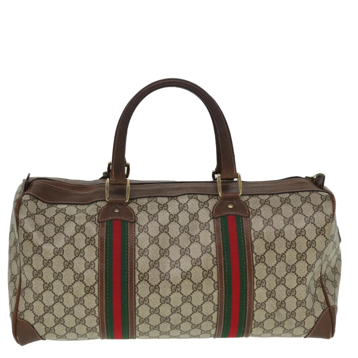 GUCCI GG Supreme Web Sherry Line Boston Bag PVC Leather Beige Red mr334
