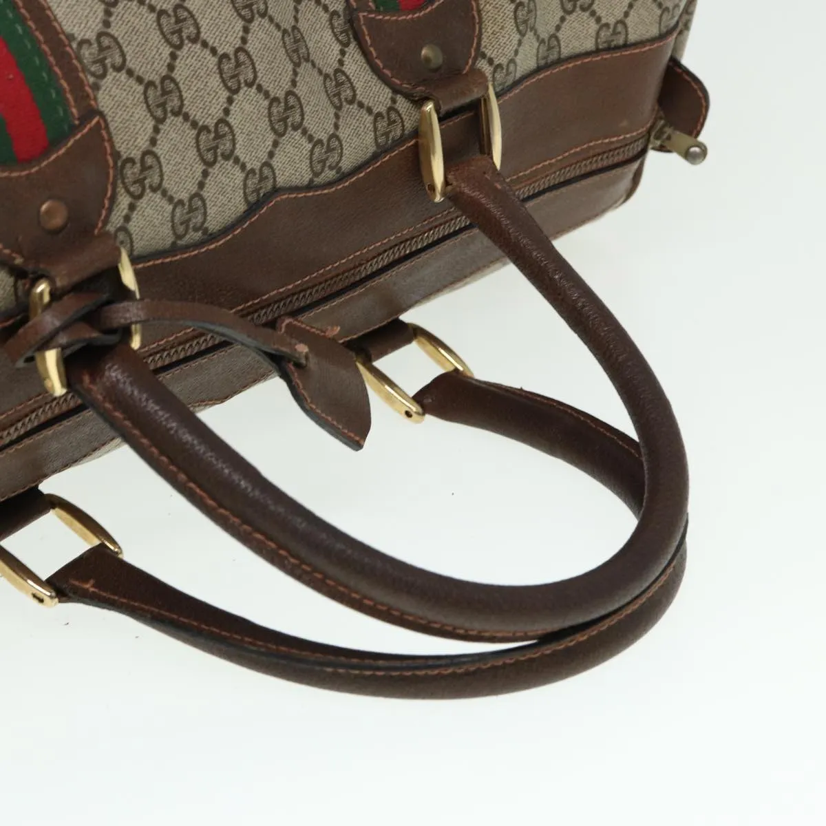 GUCCI GG Supreme Web Sherry Line Boston Bag PVC Leather Beige Red mr334