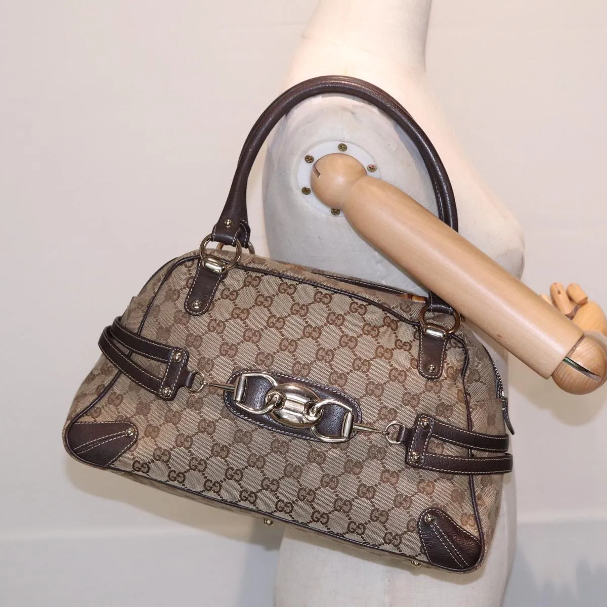 GUCCI Horsebit GG Canvas Boston Bag Beige 159398 mr355