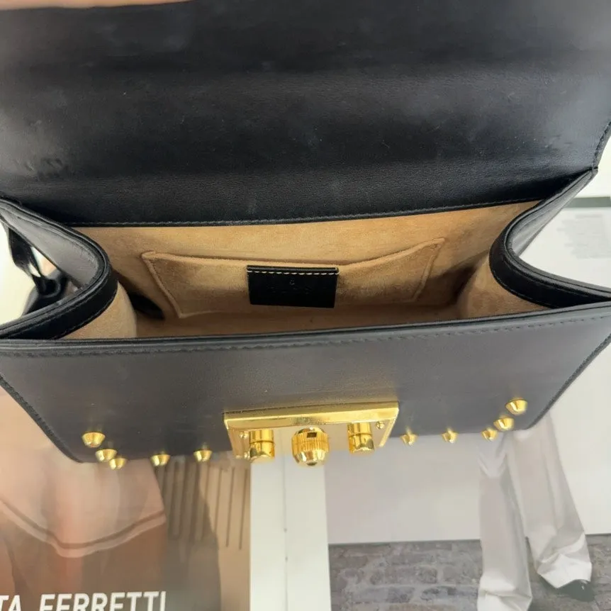 Gucci Padlock Black Leather Shoulder Bag with Studs and Pearls