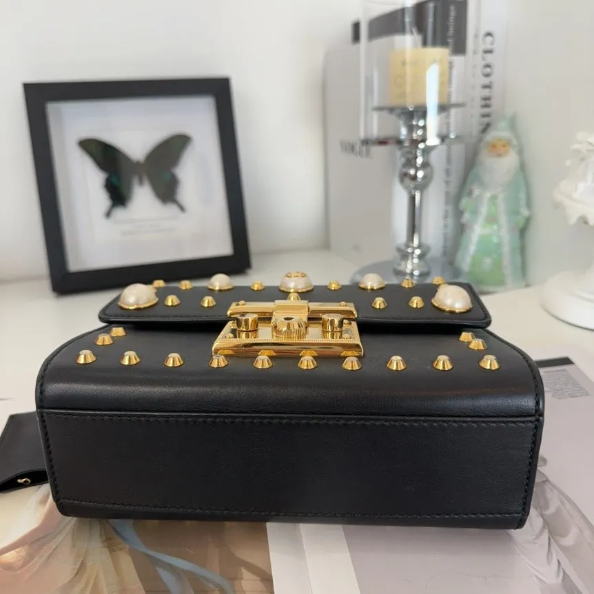 Gucci Padlock Black Leather Shoulder Bag with Studs and Pearls