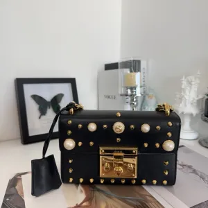 Gucci Padlock Black Leather Shoulder Bag with Studs and Pearls